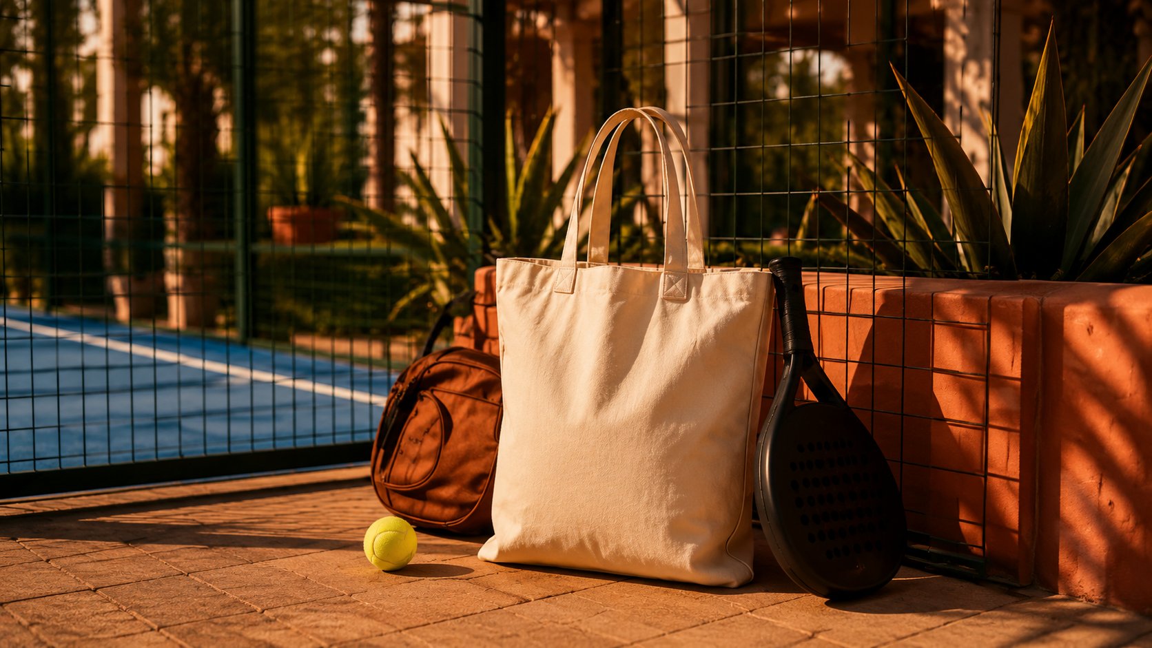 Padel bag, racket, and tennis ball courtside at golden hour